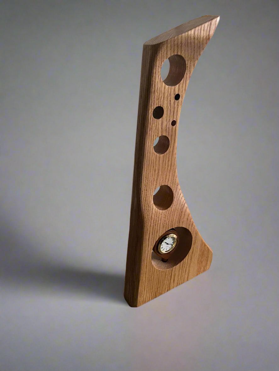 Sculptured tall clock in red oak & black walnut
