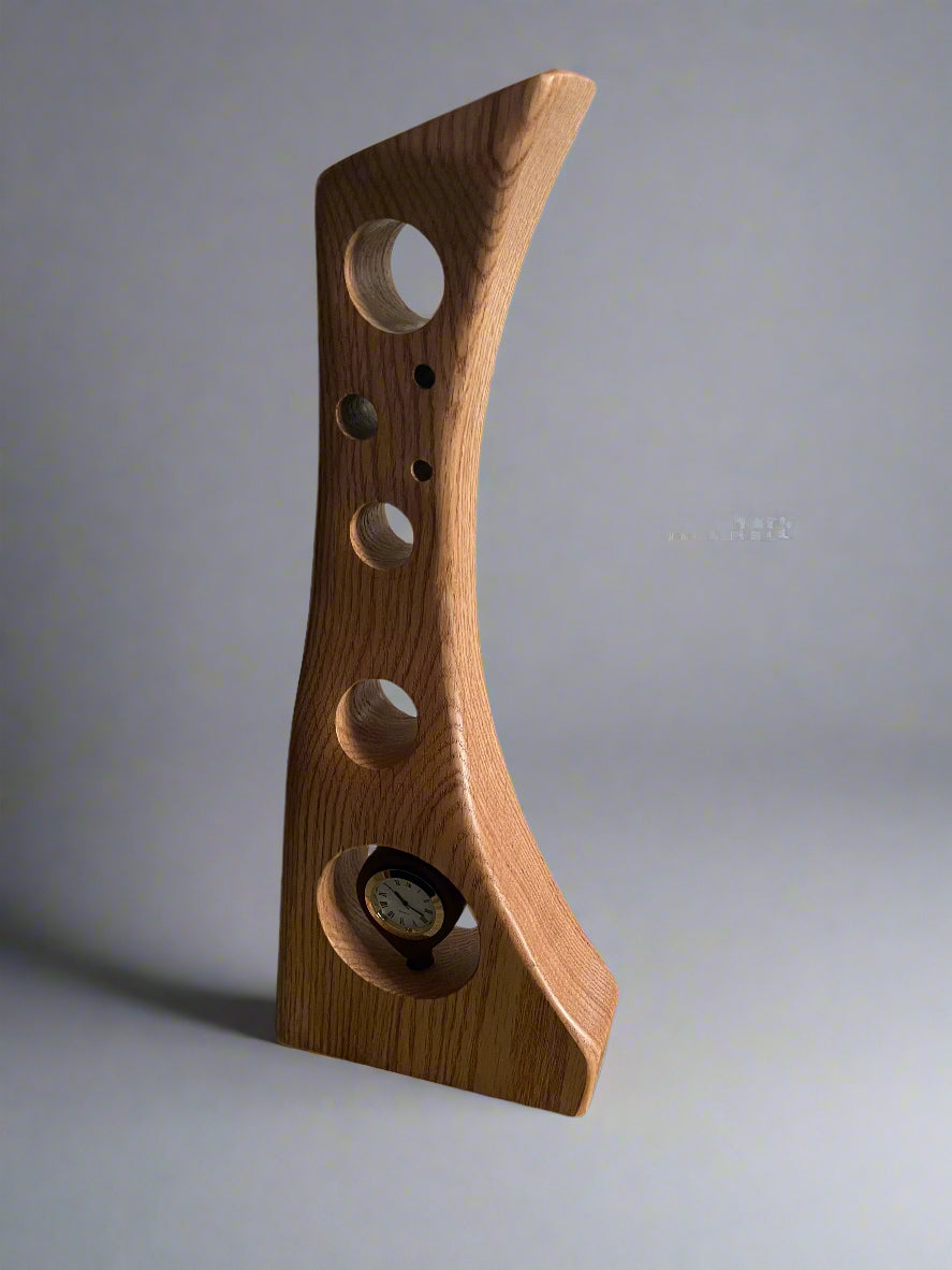 Sculptured tall clock in red oak & black walnut