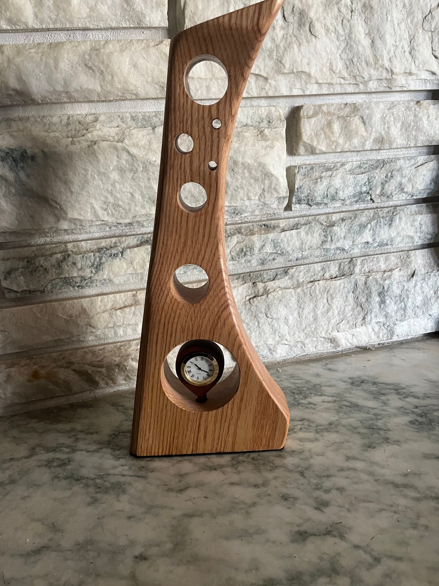 Sculptured tall clock in red oak & black walnut