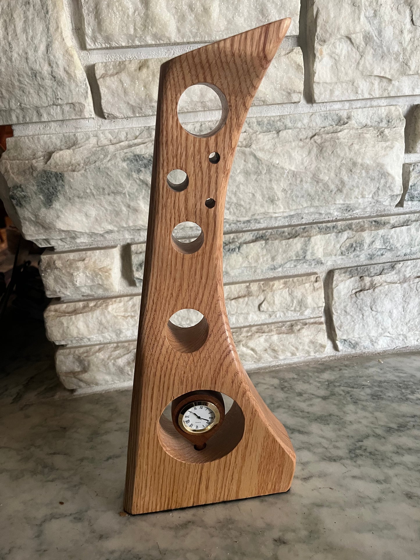 Sculptured tall clock in red oak & black walnut